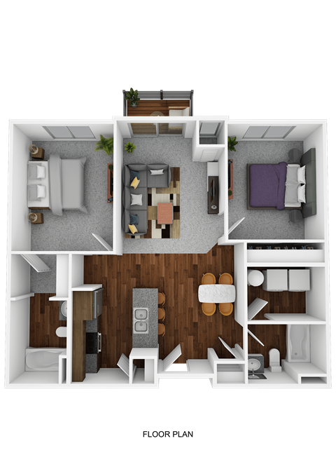 Floor plan for 2 beds, 2 baths, 940 sqft